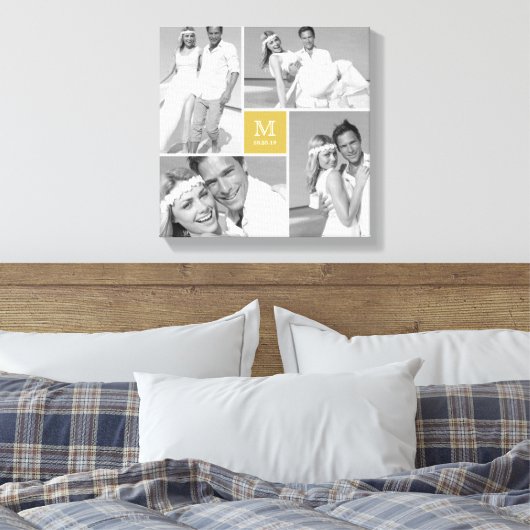 Goud Modern Grid Monogram Bruiloft 4 Fotocollage Canvas Afdruk (Insitu (Slaapkamer))