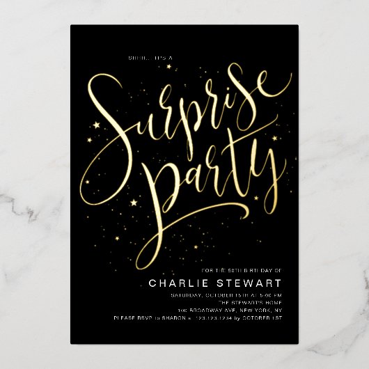 Goud Modern Script Elke leeftijd Verrassing Verjaa Folie Uitnodiging (Voorkant)