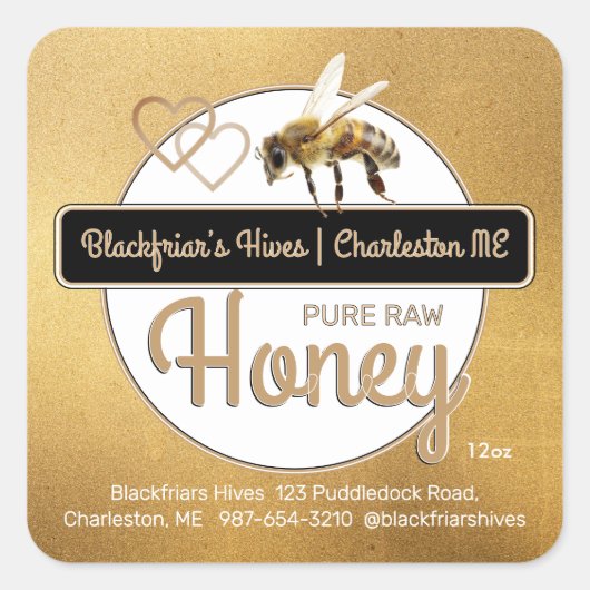 Goud Modern Script Honing met Honingbij Vierkante Sticker (Voorkant)