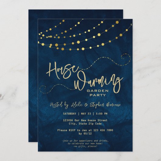 Goud Modern Script Light String Housewarming Party Kaart (Voorkant / Achterkant)