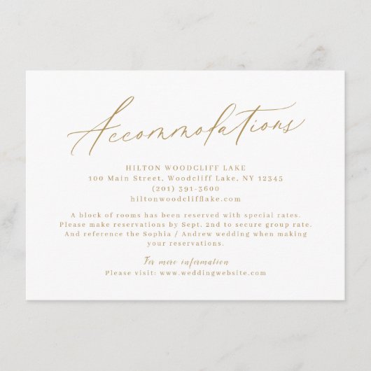 Goud modern script, minimale accommodatie informatiekaartje (Voorkant)