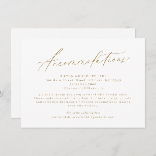 Goud modern script, minimale accommodatie informatiekaartje (Voorkant / Achterkant)