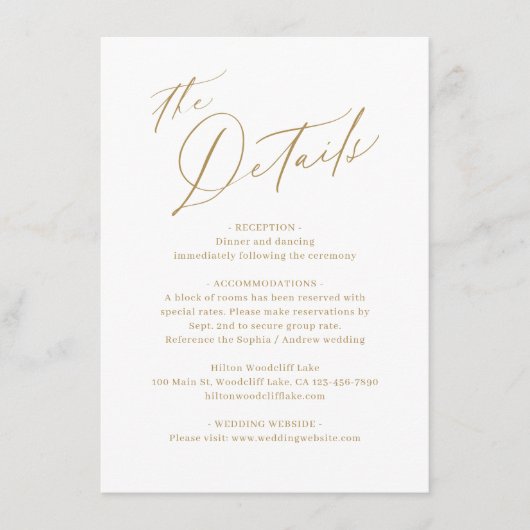 Goud modern script minimalistische bruiloft detail informatiekaartje (Voorkant)