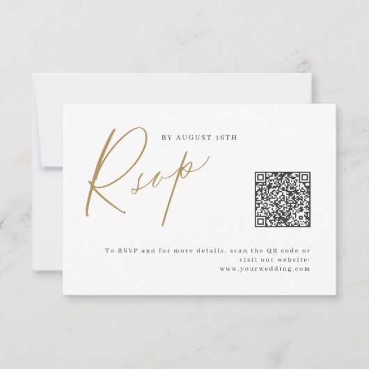 Goud modern script minimalistische bruiloft QR cod RSVP Kaartje (Voorkant)
