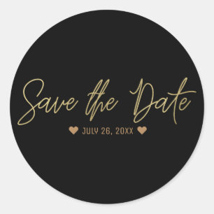 Goud Modern Script SAVE THE DATE Elke Kleur Aangep Ronde Sticker