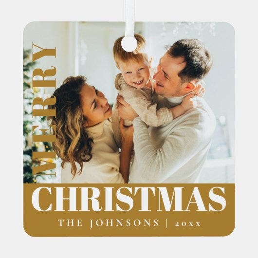 Goud Modern Stijlvol Vrolijk Kerstfeest Familie Fo Metalen Ornament (Achterkant)