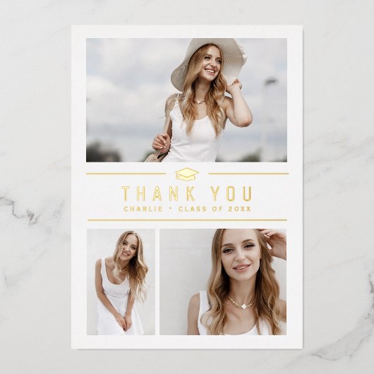 Goud Modern Typografie 4 Foto Afstudeerder Dank u Folie Uitnodiging (Voorkant)