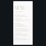 Goud Moderne Minimalistische Typografie Bruiloft Menu<br><div class="desc">menukaart met moderne typografie. Personaliseer door datum en maaltijdkeuze toe te voegen. Deze gouden minimalistische menukaart is perfect voor bruiloften, baby showers, vrijgezellenfeesten, verjaardagen en meer.</div>