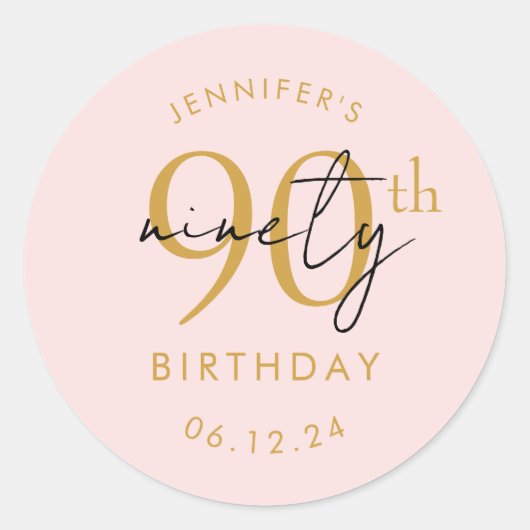 Goud Moderne Script 90ste Verjaardagsfeest Roze Ronde Sticker (Voorkant)
