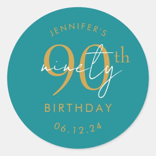 Goud Moderne Script 90ste Verjaardagsfeest Turquoi Ronde Sticker (Voorkant)