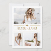 Goud Moderne Typografie 3 Foto Graduation Party Kaart (Voorkant)