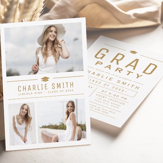 Goud Moderne Typografie 3 Foto Graduation Party Kaart
