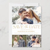 Goud | Moderne Typografie 3 Foto Save the Date Magnetische Uitnodiging (Voorkant)