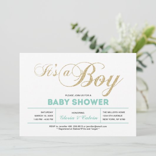 Goud | Moderne typografie Het is een Baby shower v Kaart (Staand voorkant)