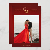 Goud Monogram Donkerrood Moody Foto Passie Bruilof Save The Date (Voorkant / Achterkant)