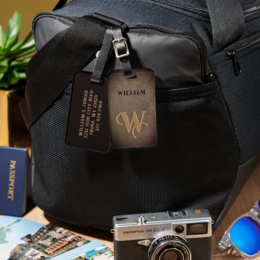 Goud monogram Faux Leder Donkerbruin Bagagelabel (Voorkant /achterkant)