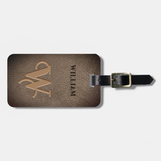 Goud monogram Faux Leder Donkerbruin Bagagelabel (Voorkant horizontaal)