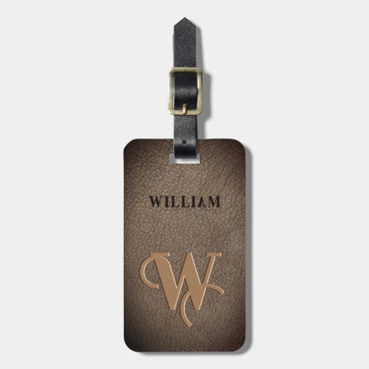 Goud monogram Faux Leder Donkerbruin Bagagelabel (Voorkant verticaal)