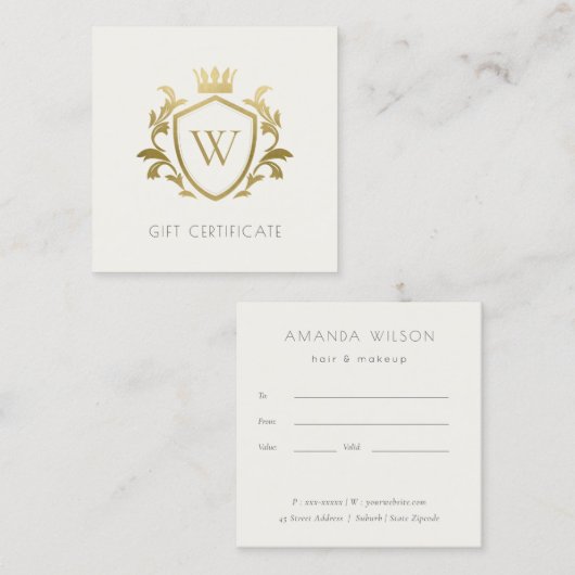 Goud-monogram Floral-kroonkool Crest-cadeaubon Vierkante Visitekaartje (Voorkant / Achterkant)