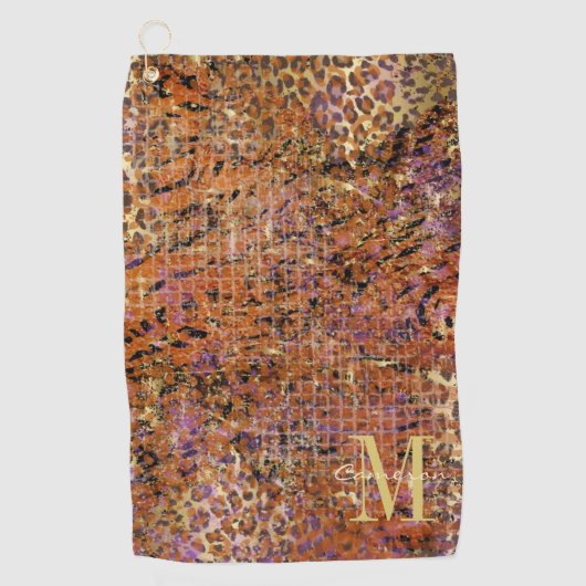 Goud monogram Initiaal en naam op luipaard Golfhanddoek (Voorkant)
