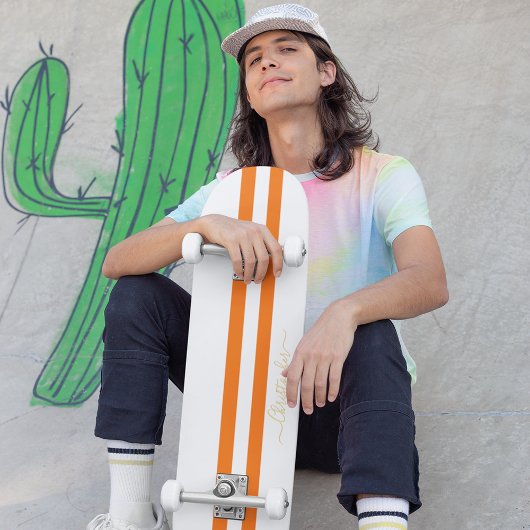Goud monogram Klassiek Oranje White Racing Stripes Persoonlijk Skateboard