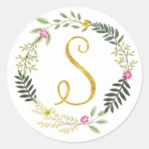 Goud monogram Leaf S Ronde Sticker