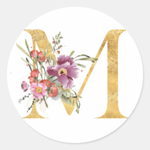 Goud MONOGRAM, letter M met bloem Ronde Sticker