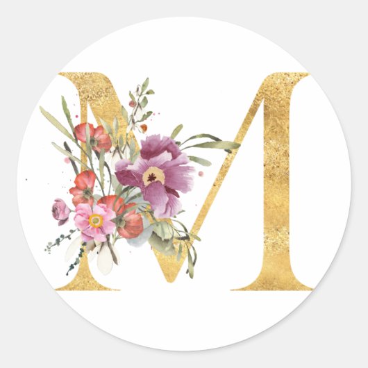 Goud MONOGRAM, letter M met bloem Ronde Sticker (Voorkant)