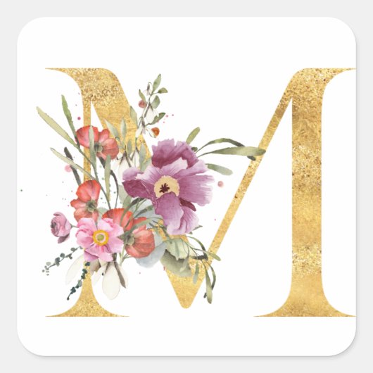 Goud MONOGRAM, letter M met bloem Vierkante Sticker (Voorkant)