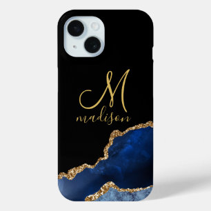 Goud Monogram Marine Blauw Goud Glitter Agaat iPhone 15 Case