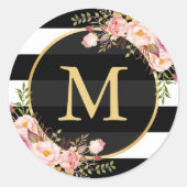 Goud monogram met zwarte witte streping Floral Dec Ronde Sticker (Voorkant)