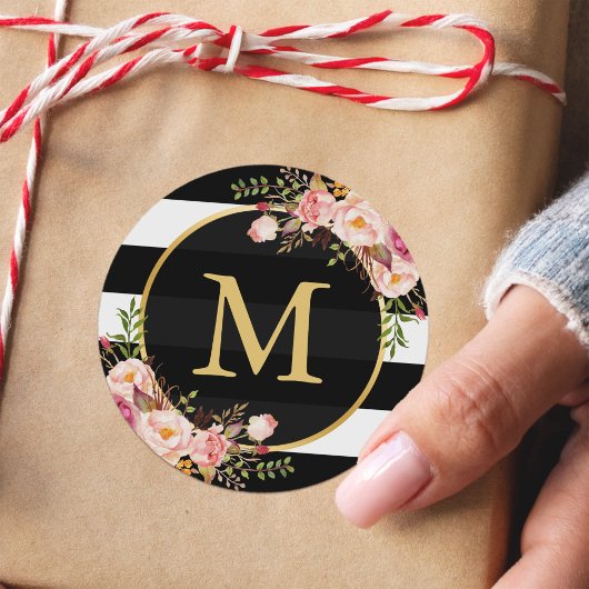 Goud monogram met zwarte witte streping Floral Dec Ronde Sticker