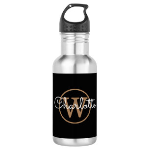 Goud Monogram Modern Schrift Zwart  Waterfles