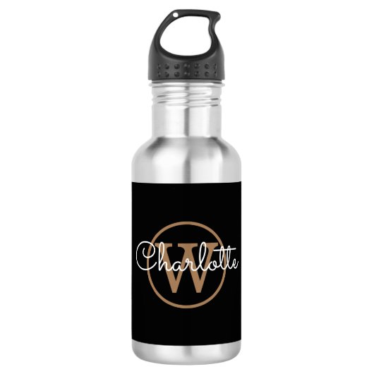 Goud Monogram Modern Schrift Zwart Waterfles (Voorkant)