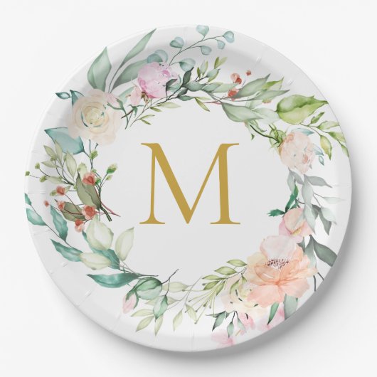 Goud monogram Rozen Garland Floral Papieren Bordje (Voorkant)