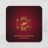 Goud Monogrammed Elegant Rood Damast Professional Vierkante Visitekaartje (Voorkant)