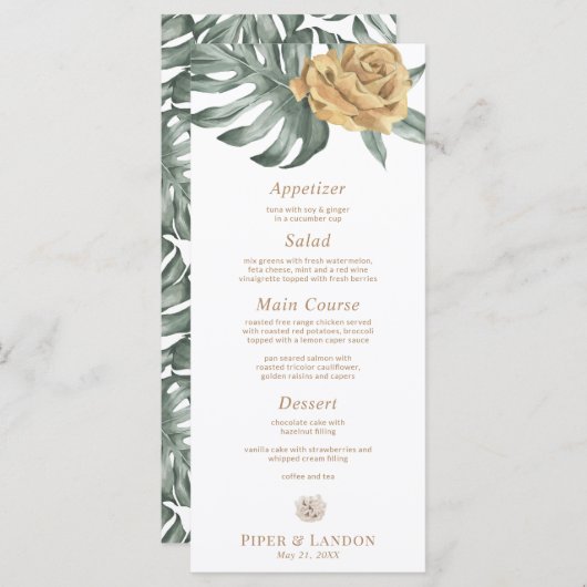 Goud Monstera Tropische Oase Bloem Bruiloft Menu (Voorkant / Achterkant)