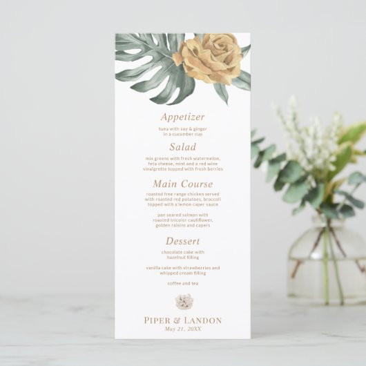 Goud Monstera Tropische Oase Bloem Bruiloft Menu (Staand voorkant)