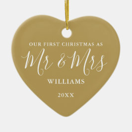 Goud Mr & Mrs Eerste Kerstmis Handtekening Script Keramisch Ornament