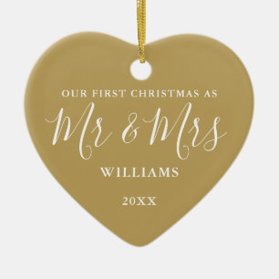 Goud Mr & Mrs Eerste Kerstmis Handtekening Script Keramisch Ornament