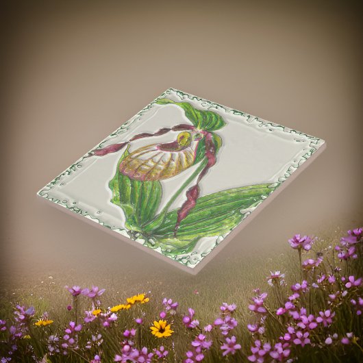 Goud n Rode Dame Slipper Orchidee Botanical Side U Tegeltje