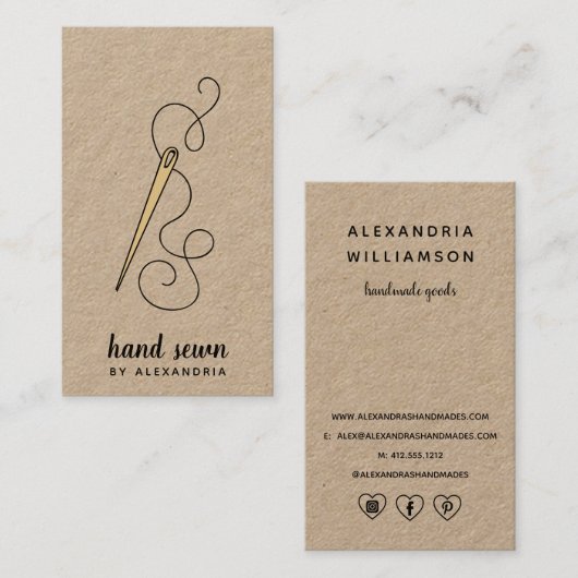 Goud naaldje en draad | Rustic Kraft Vertical Visitekaartje (Voorkant / Achterkant)