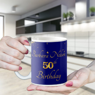 Goud & Navy 50ste verjaardagsfeest uitnodiging Koffiemok