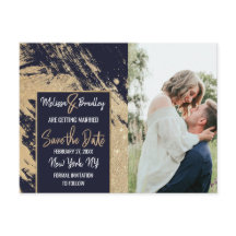 Goud Navy Blau Glitterpenseelstreken Save the Date