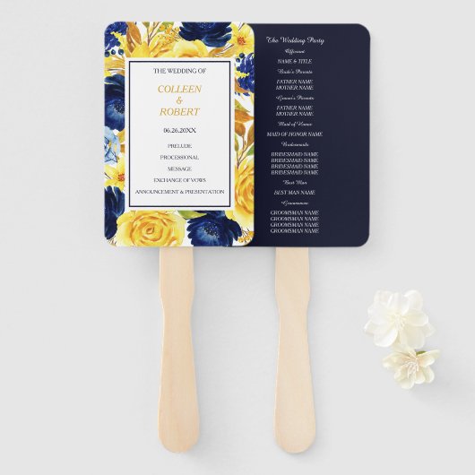Goud Navy Blauw Bloemen Bruiloft Handwaaier (Voorkant en achterkant)