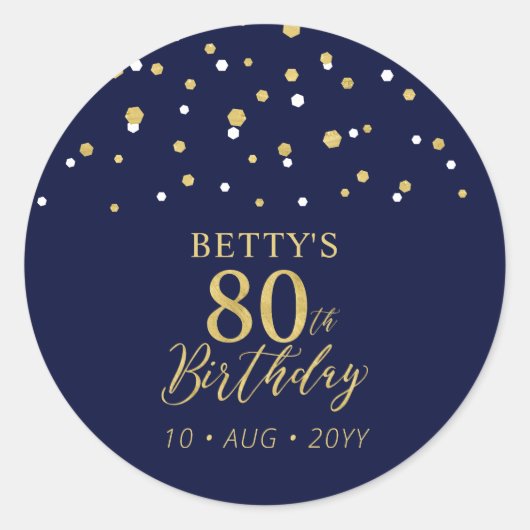 Goud Navy Blauw Confetti 80ste Verjaardagsfeestje  Ronde Sticker (Voorkant)