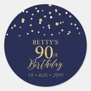 Goud Navy Blauw Confetti 90ste Verjaardagsfeestje Ronde Sticker