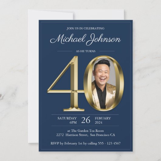 Goud Navy Blauw Elegante Foto 40e Verjaardagsfeest Kaart (Voorkant)