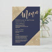 Goud Navy Blauw Faux Glitter Sequin Bruiloft Menu (Staand voorkant)