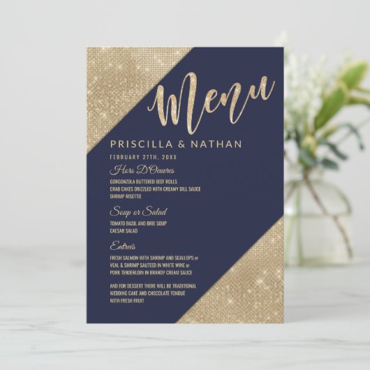 Goud Navy Blauw Faux Glitter Sequin Bruiloft Menu (Staand voorkant)